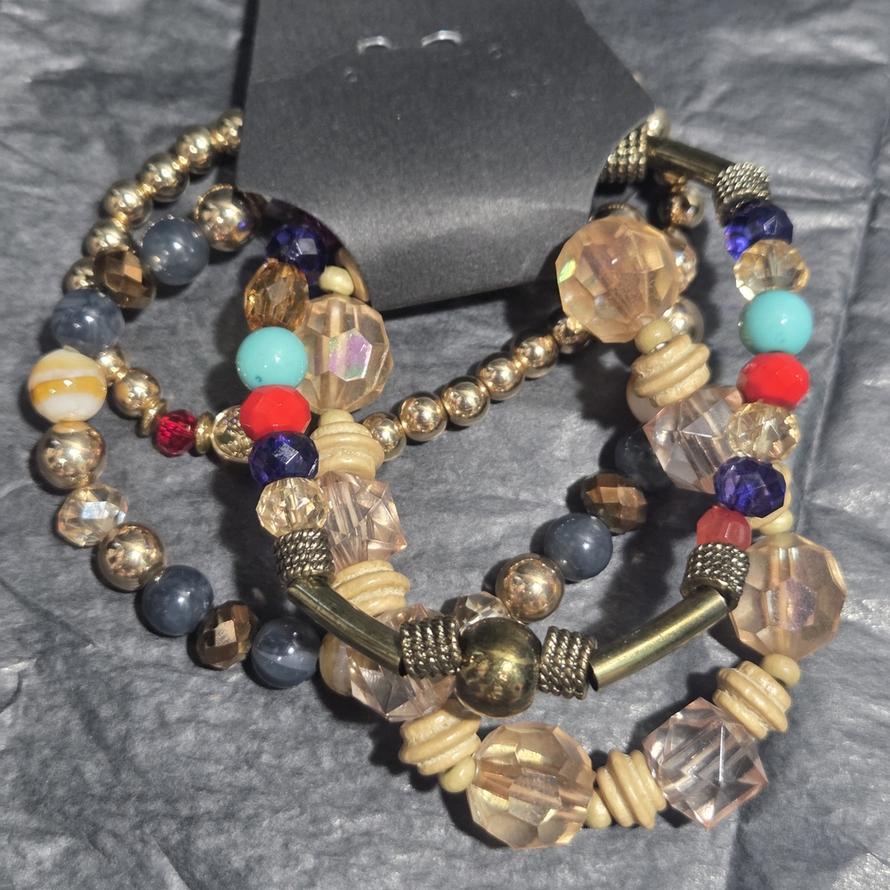 4 Multi-Color Beaded Stretch Bracelet Set with Gold Accents